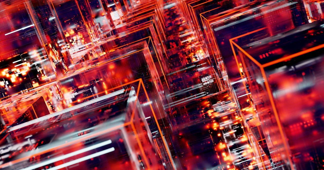 hero-img-01 Vibrant abstract digital art featuring geometric blocks with LED light effects in a network pattern.